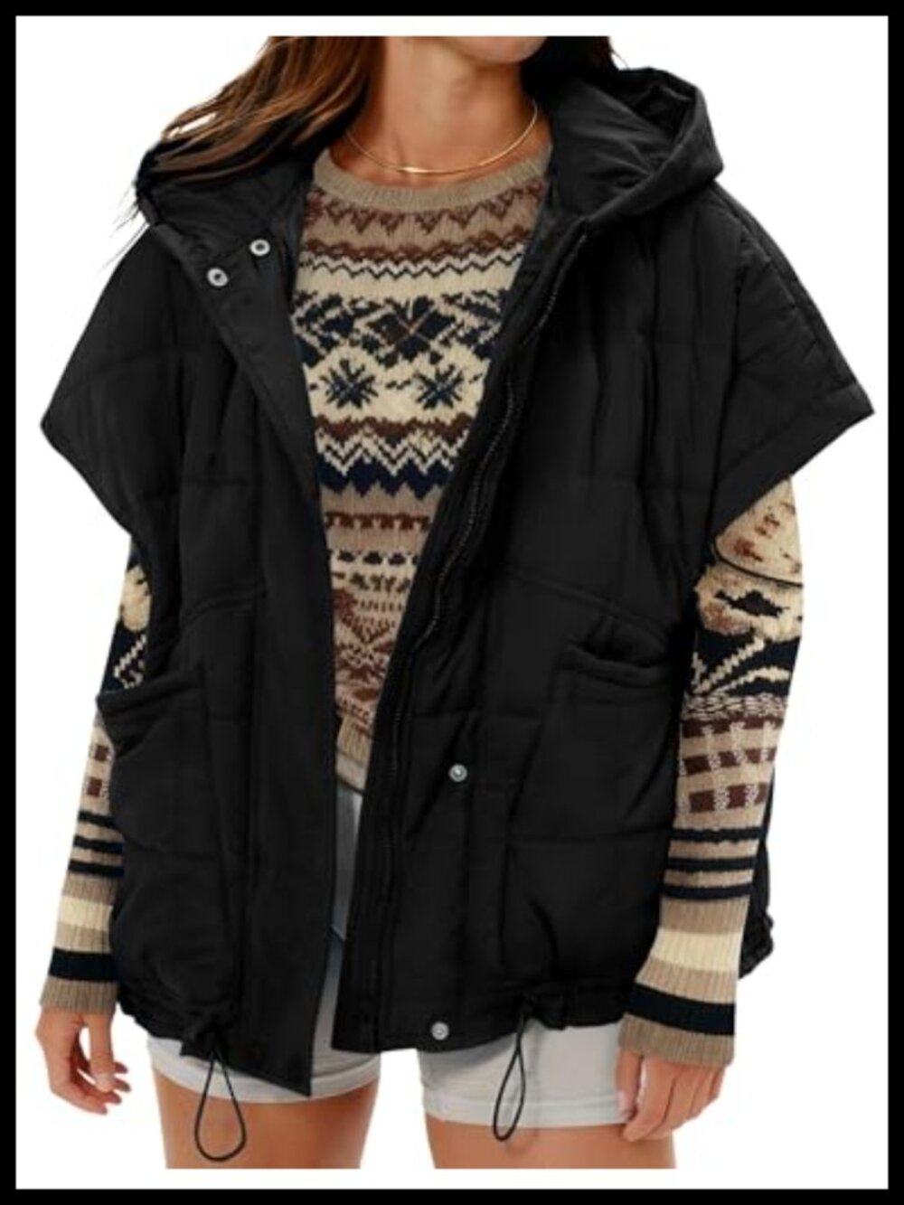 Women's Oversized Quilted Puffer Vest Hooded Zip Front Jacket